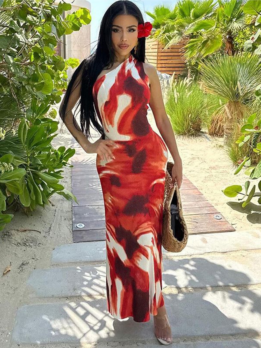 

StyleCast x Revolte Tie and Dye One Shoulder Sheath Maxi Dress, Red