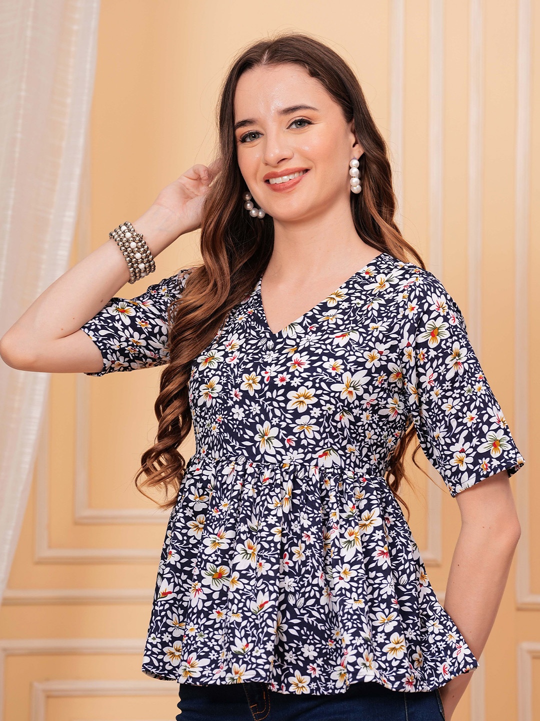 

KPF Floral Printed V-Neck Empire Top, Navy blue