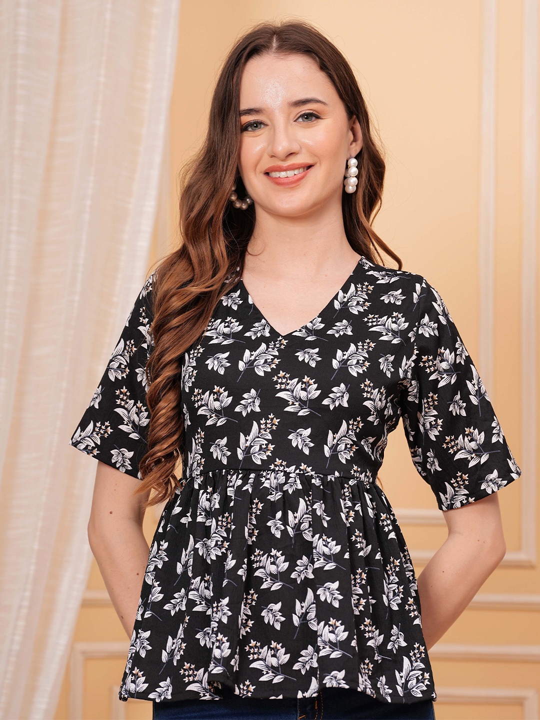 

KPF Floral Printed V-Neck Empire Top, Black