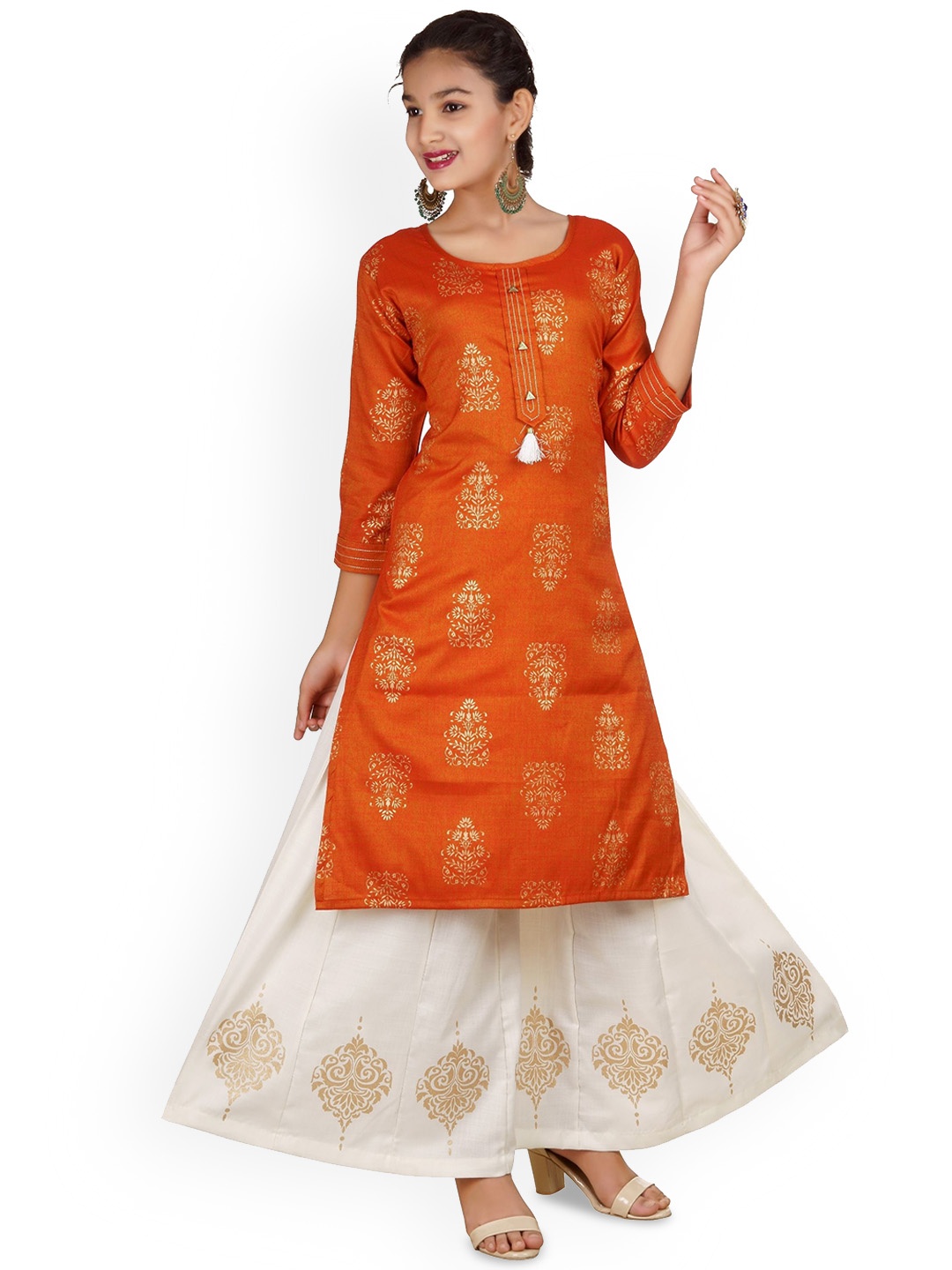 

BAESD Girls Ethnic Motifs Printed Regular Kurti with Palazzos, Orange
