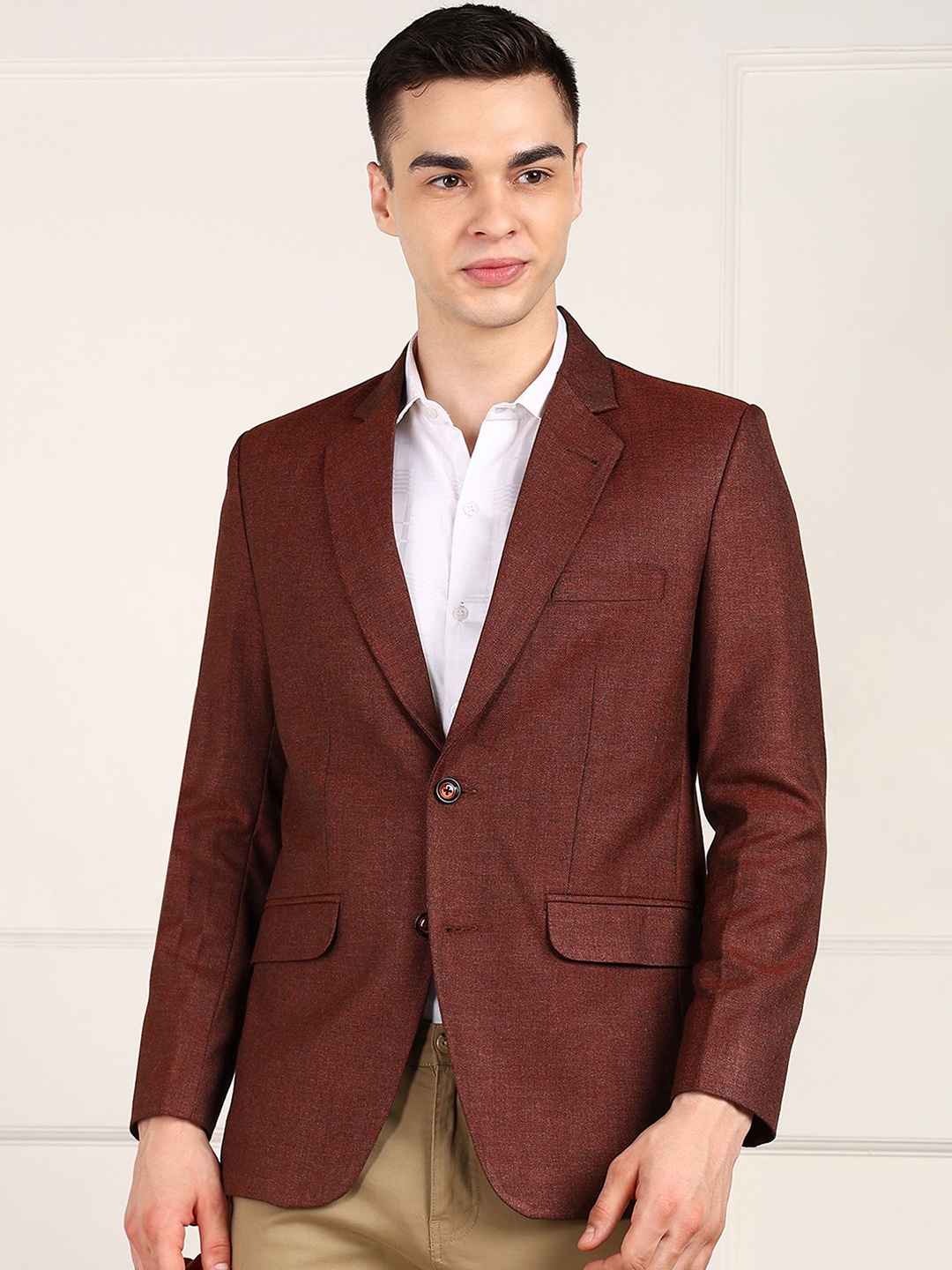 

FUBAR Notched Lapel Collar Single-Breasted Slim-Fit Formal Blazer, Brown
