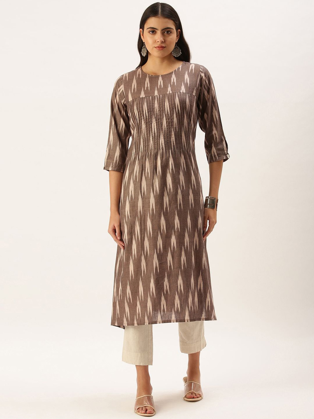 

KALINI Round Neck Three Quarter Sleeves Ikat Printed Cotton Straight Kurta, Brown