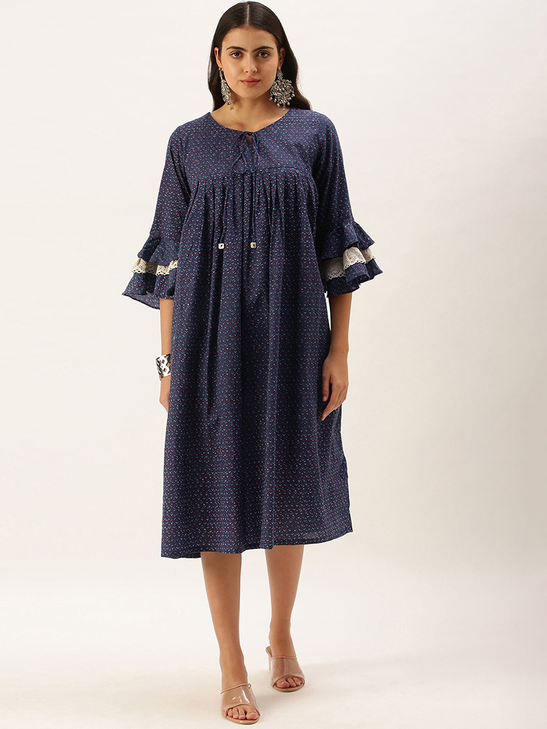 

KALINI Tie Up Neck Flared Sleeves Cotton Anarkali Kurta, Navy blue