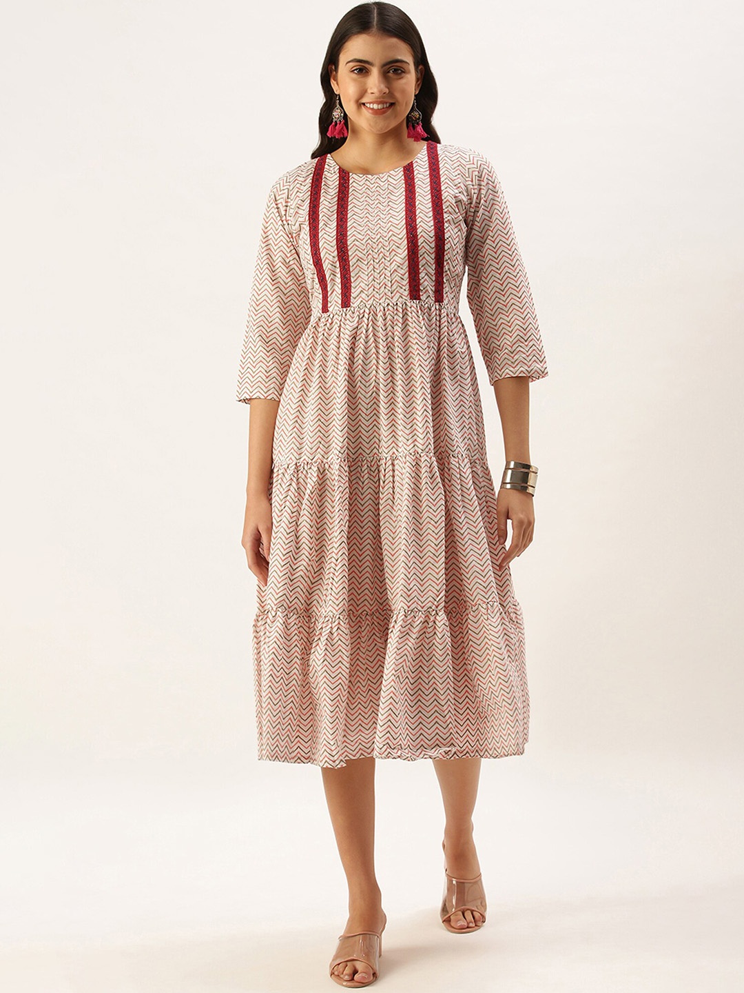 

KALINI Round Neck Chevron Printed Cotton Anarkali Kurta, Cream