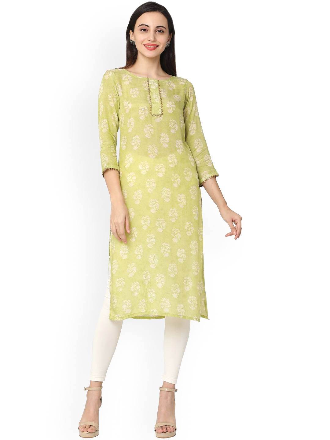 

KALINI Ethnic Motifs Printed Round Neck Straight Kurta, Green