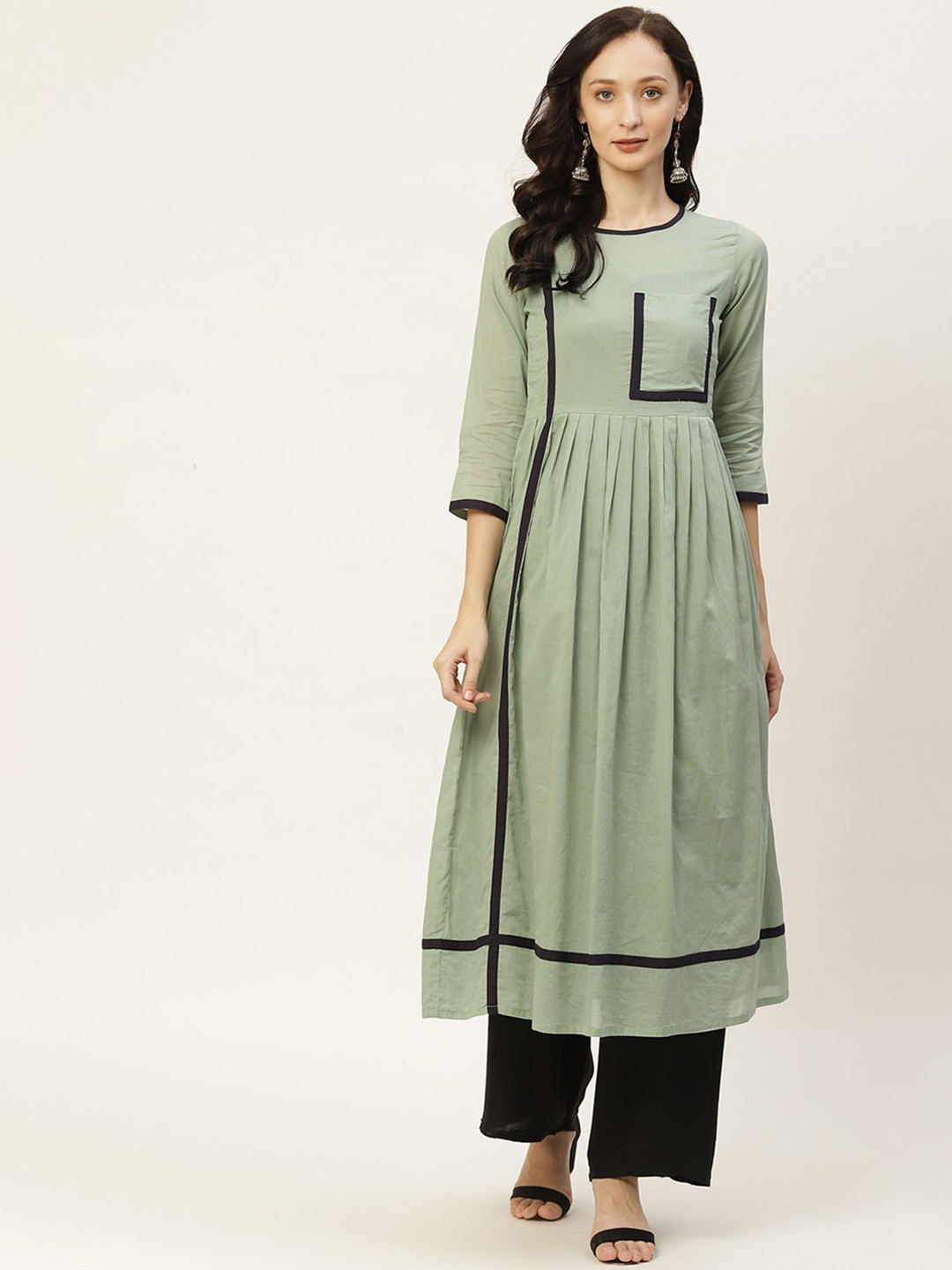 

KALINI Round Neck Cotton Anarkali Kurta, Green