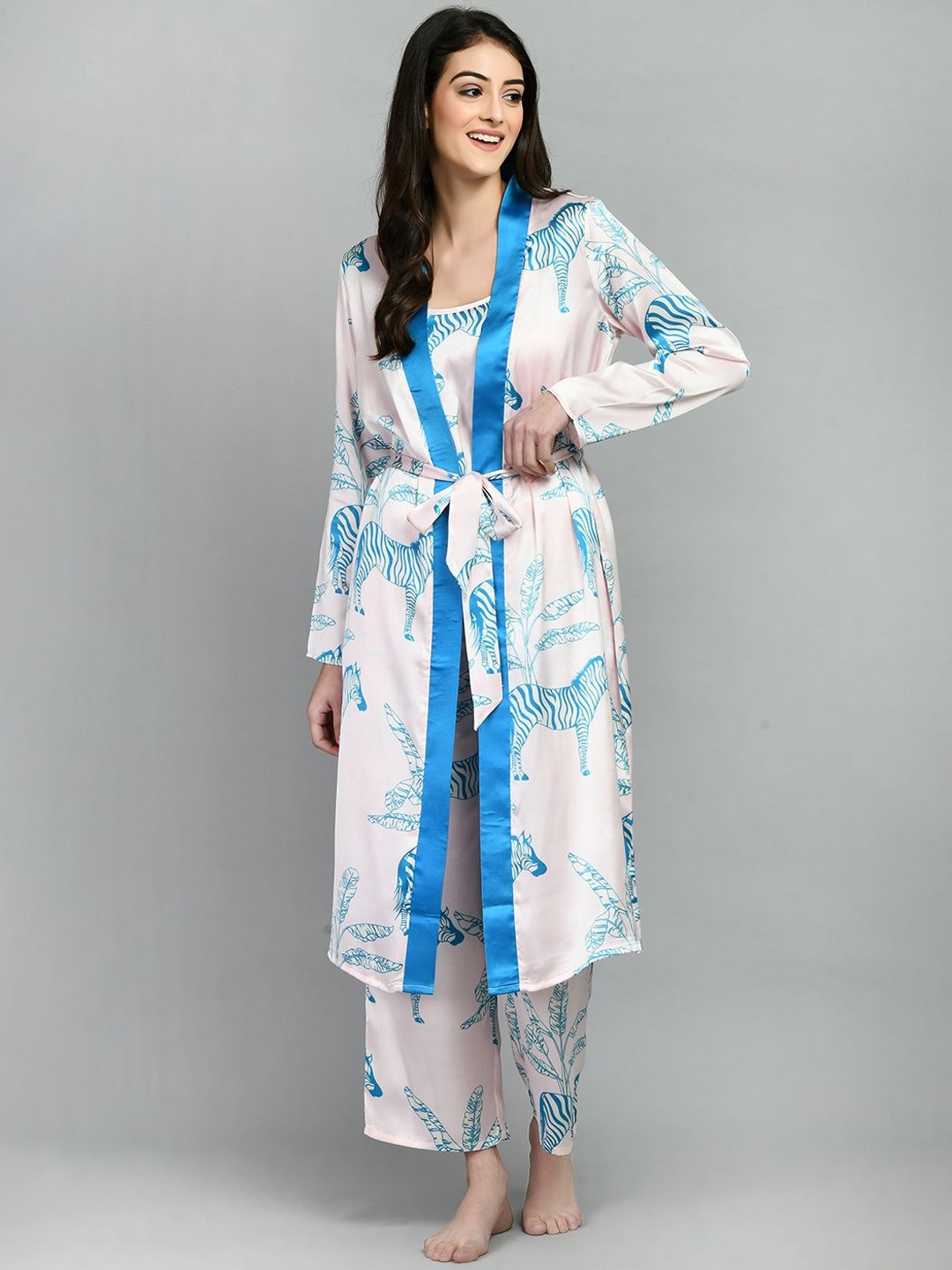

PRETTY LOVING THING Conversational Printed Night suit With Robe, Blue