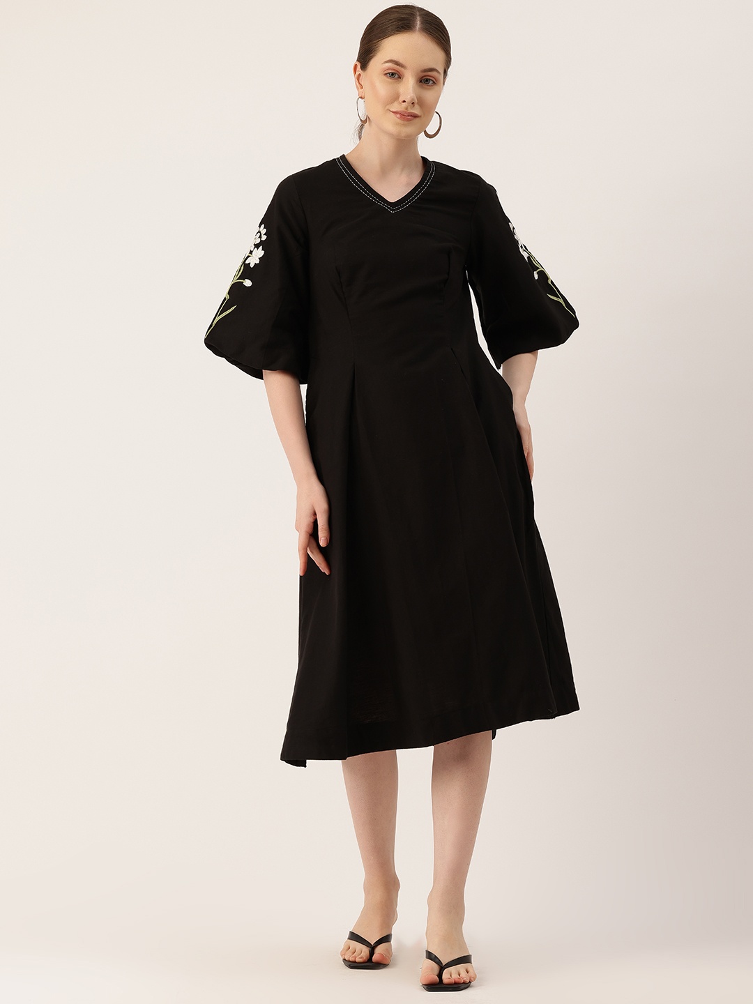 

MISRI Floral Embroidered Puff Sleeves A-Line Dress, Black