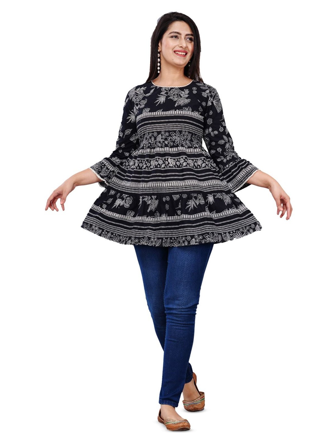 

BAESD Tribal Print Bell Sleeve Cotton Top, Black