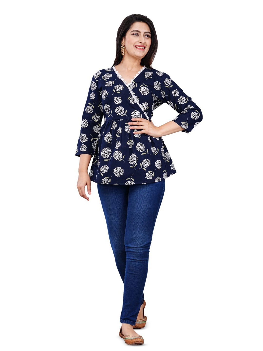 

BAESD Floral Printed Cotton Wrap Top, Navy blue