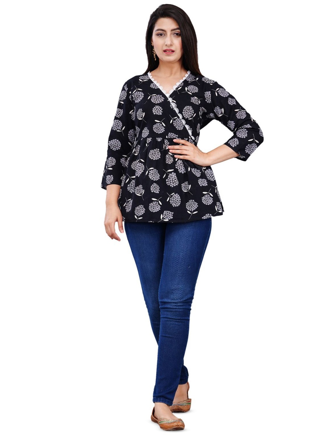 

BAESD Floral Printed Cotton Wrap Top, Black