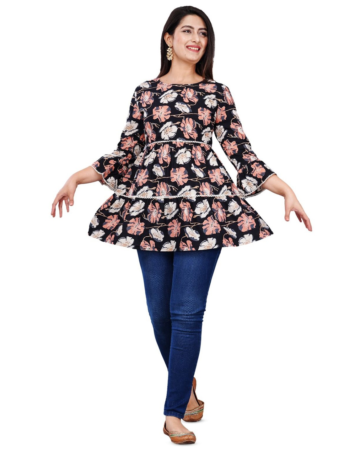 

BAESD Floral Printed Bell Sleeve Cotton Top, Black