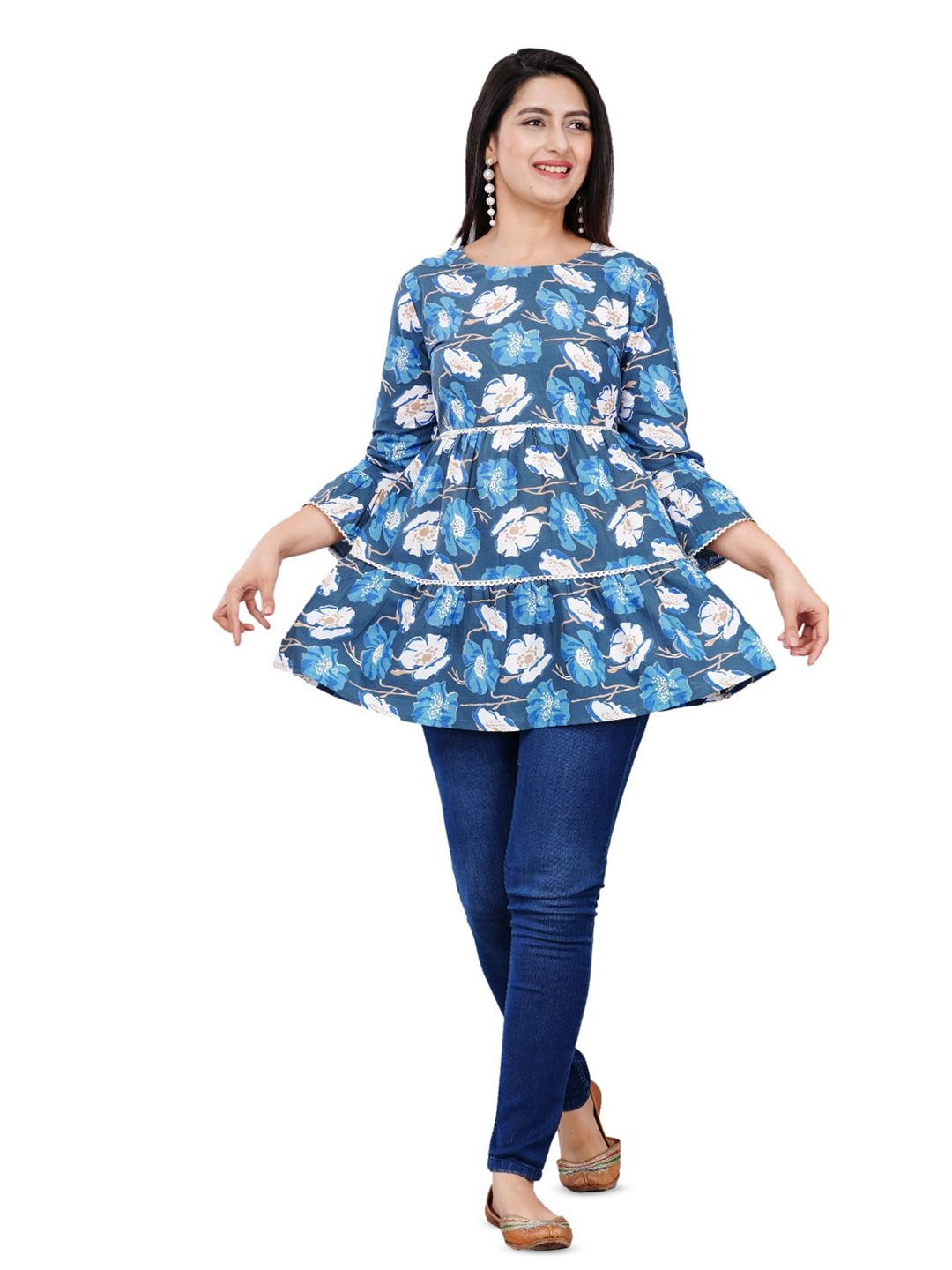 

BAESD Floral Printed Bell Sleeve Cotton Top, Blue