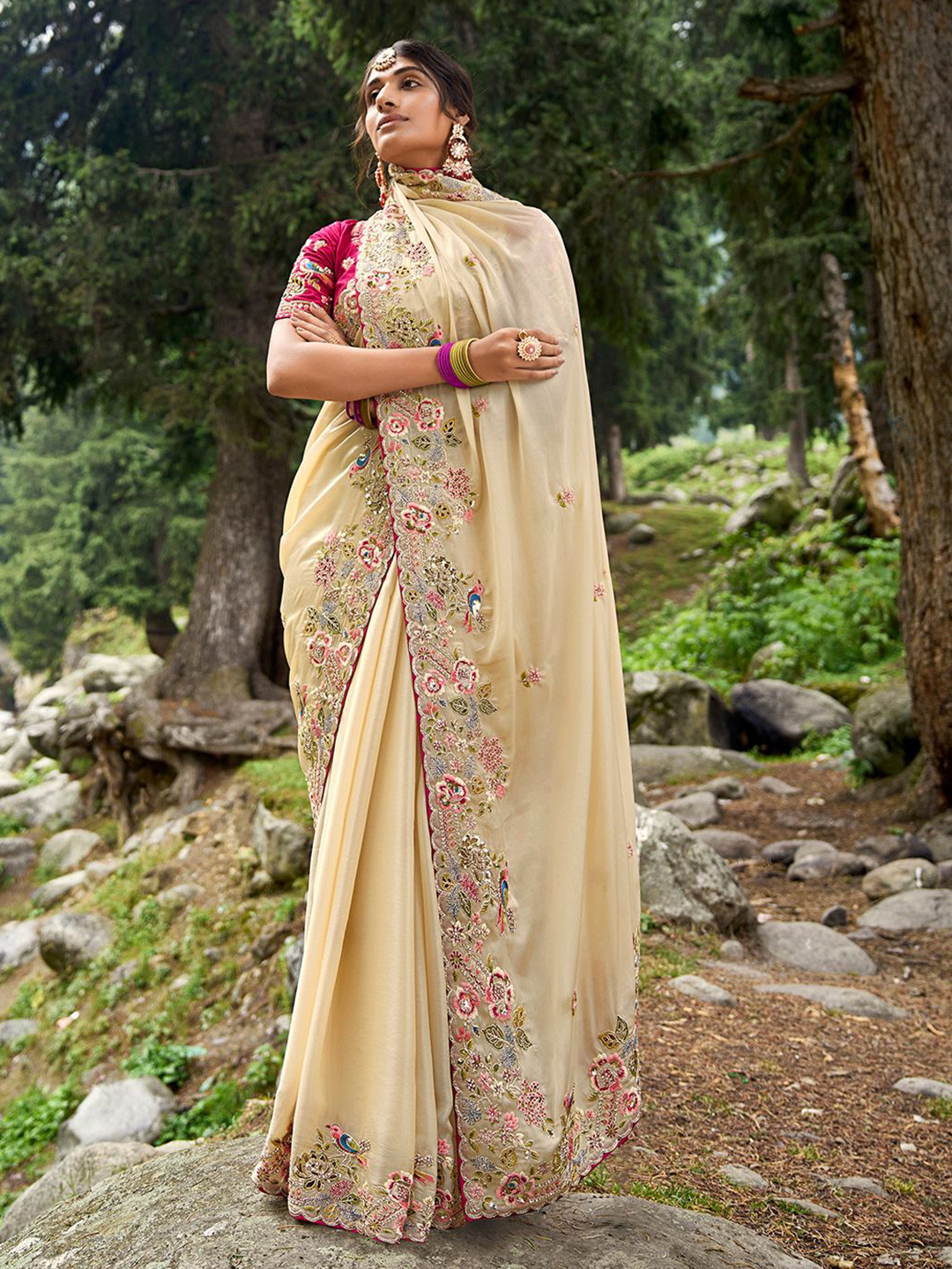 

KALINI Embellished Sequinned Saree, Cream