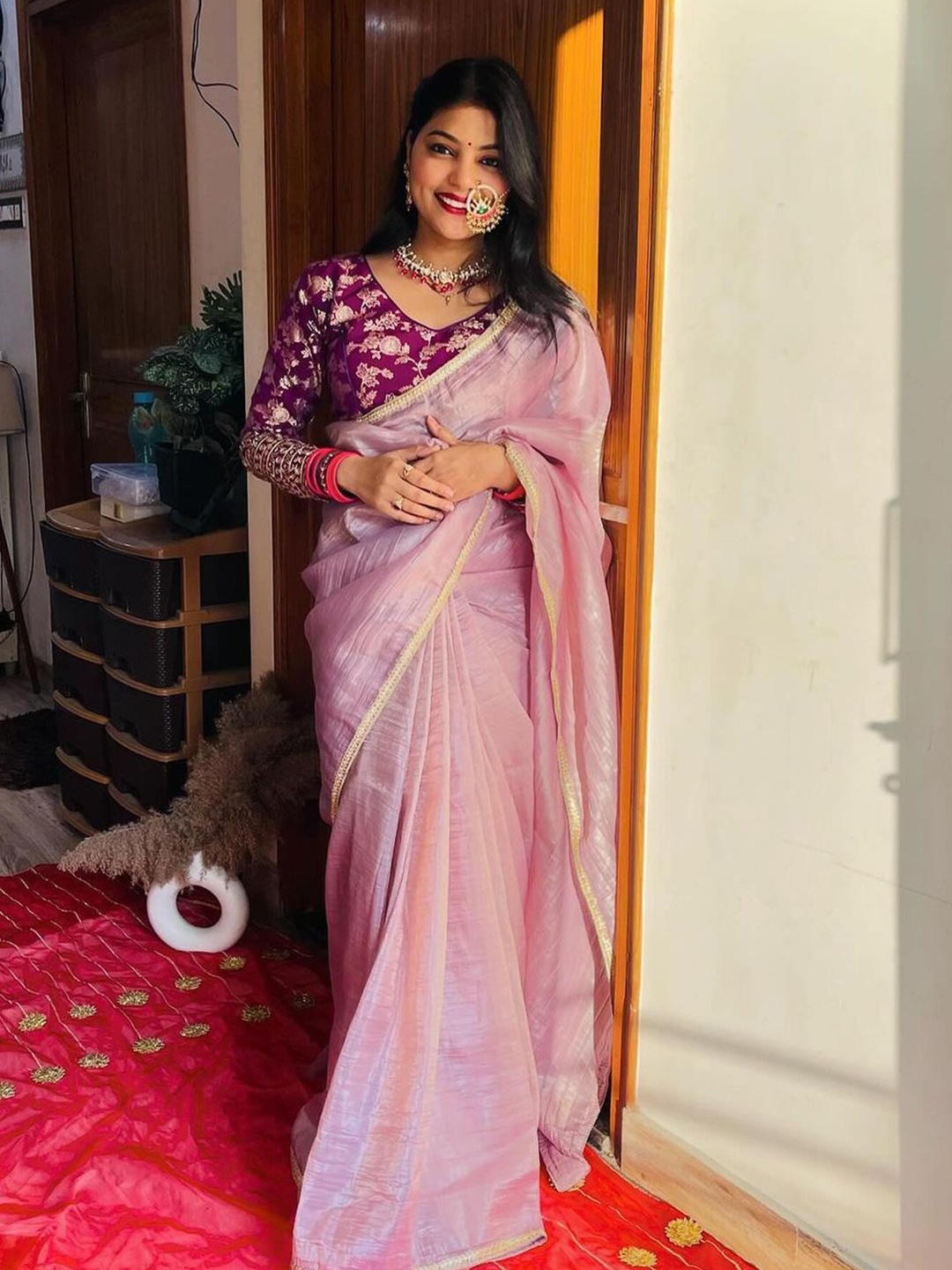

KALINI Embellished Sequinned Saree With Blouse, Purple