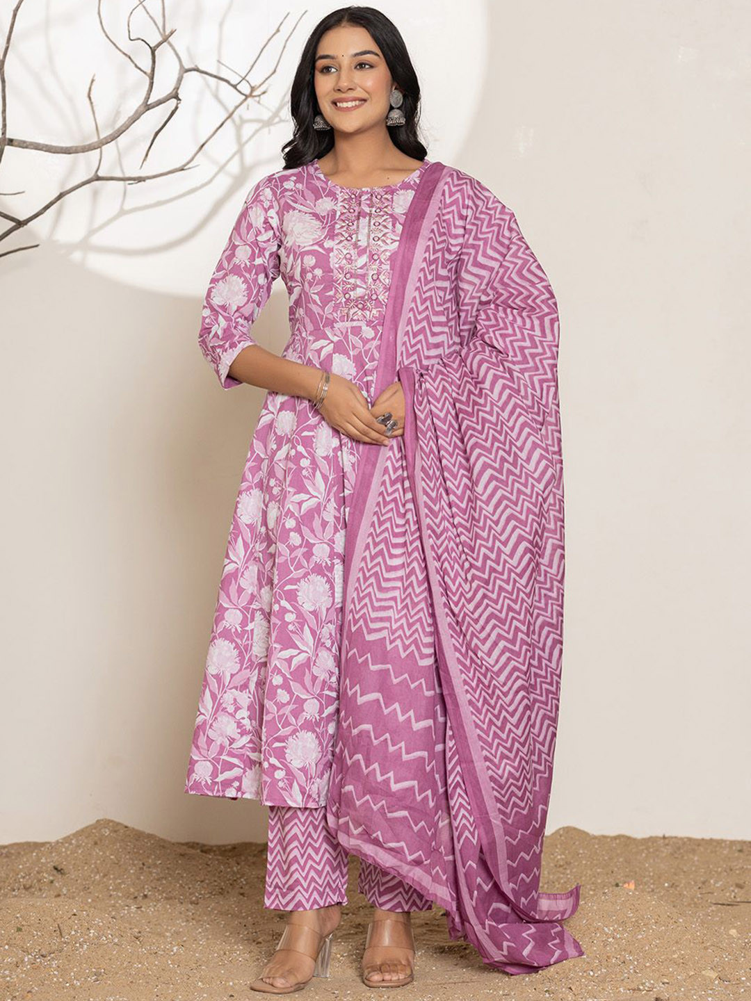 

Yufta Floral Printed Pure Cotton Anarkali Kurta With Trousers & Dupatta, Purple