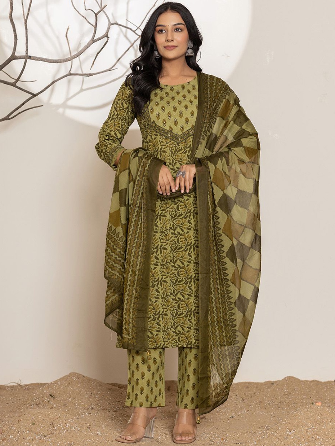 

Yufta Floral Printed Regular Sequinned Pure Cotton Straight Kurta With Trousers & Dupatta, Green