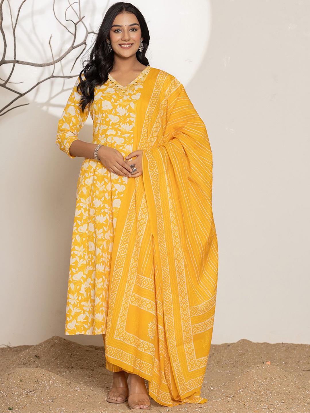 

Yufta Floral Printed Mirror Work Pure Cotton Anarkali Kurta With Trousers & Dupatta, Mustard