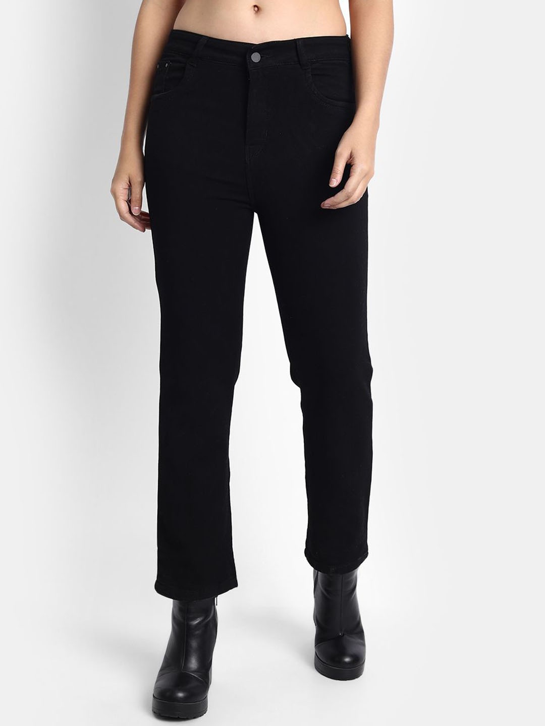 

Next One Women Smart Straight Fit High-Rise Cotton Stretchable Jeans, Black