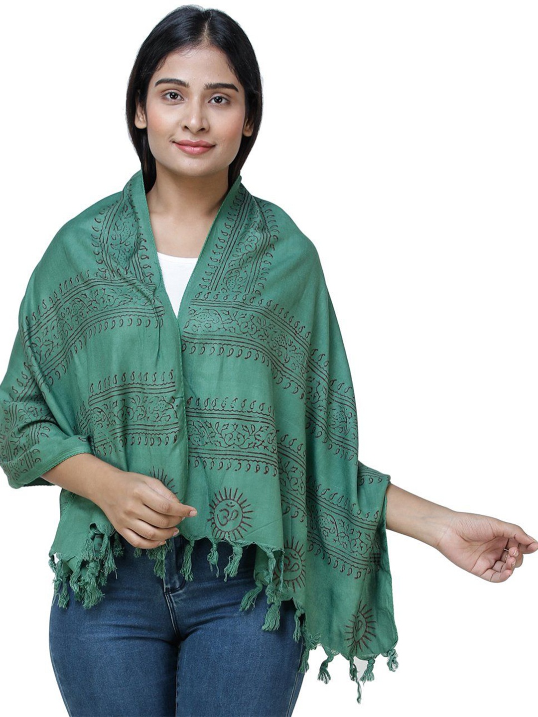 

Exotic India Green Polycotton Gautam Buddha Block-Printed Prayer Scarf