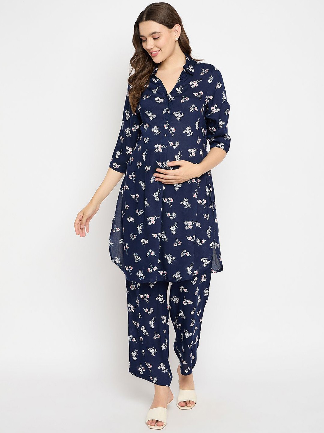 

Mine4Nine Floral Printed Shirt Collar Maternity Straight Kurta with Trousers, Navy blue