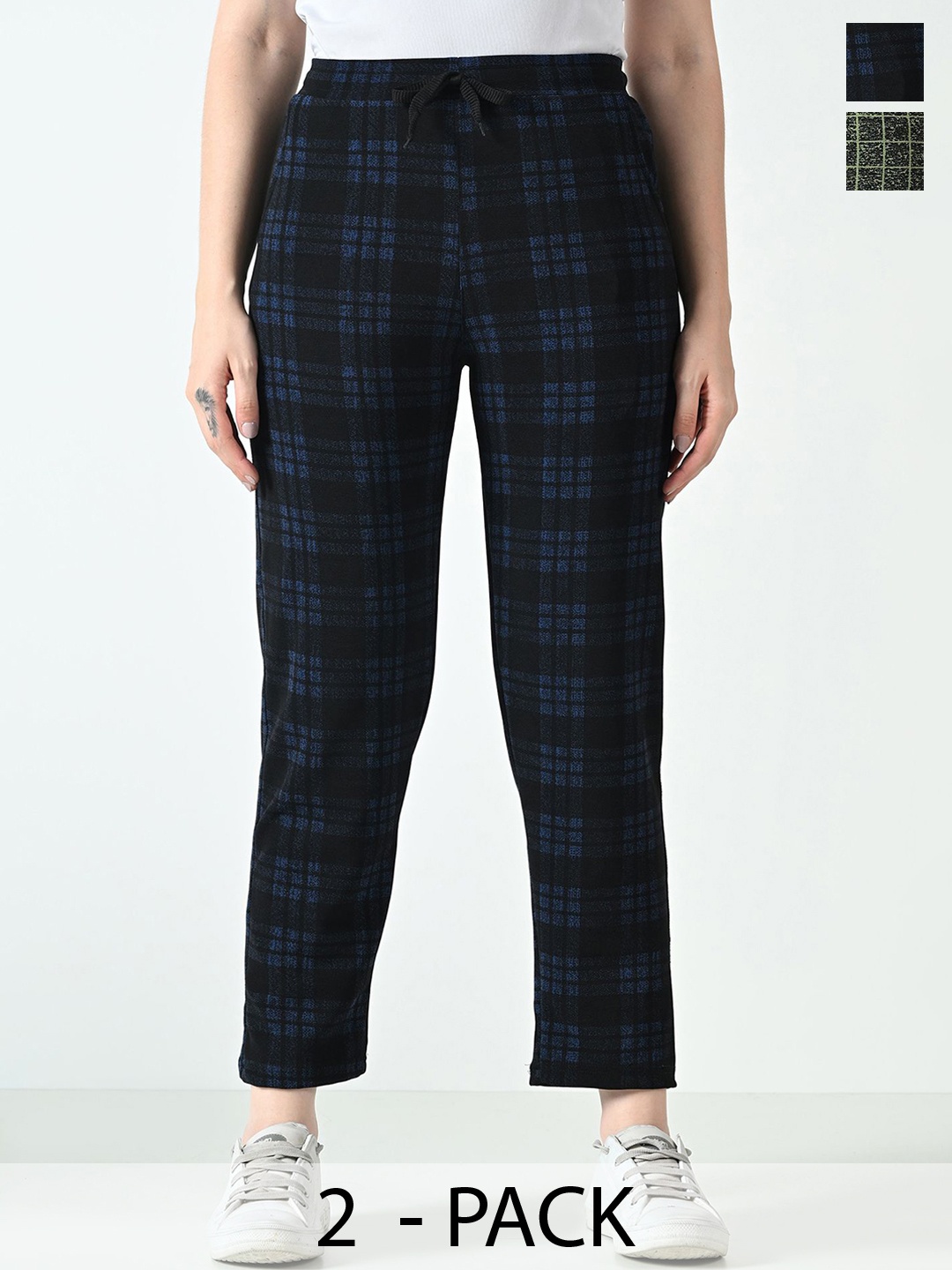 

BAESD Women Pack Of 2 Checked Dry-Fit Mid Rise Track Pants, Blue