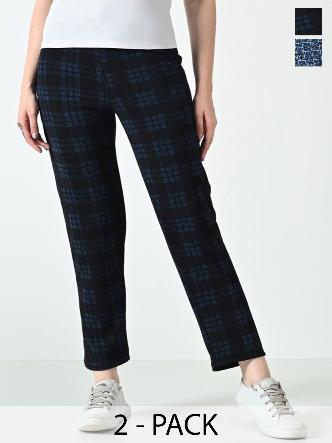 

BAESD Women Pack Of 2 Checked Dry Fit Mid Rise Track Pants, Navy blue