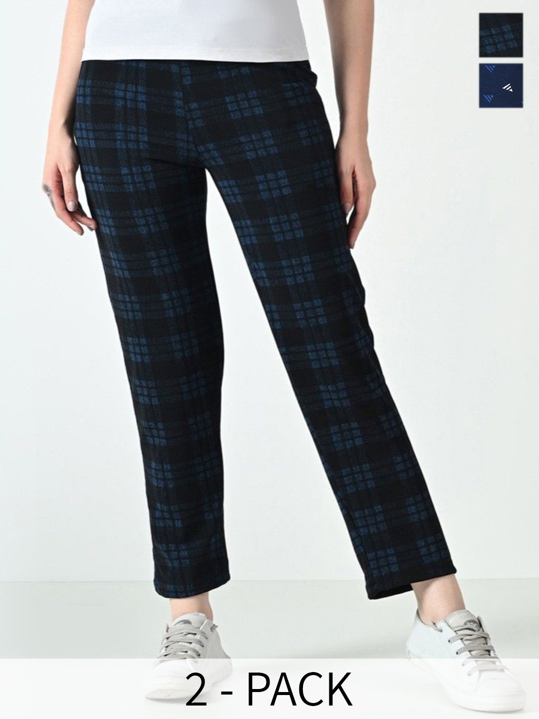 

BAESD Women Checked Pack Of 2 Mid Rise Track Pants, Black