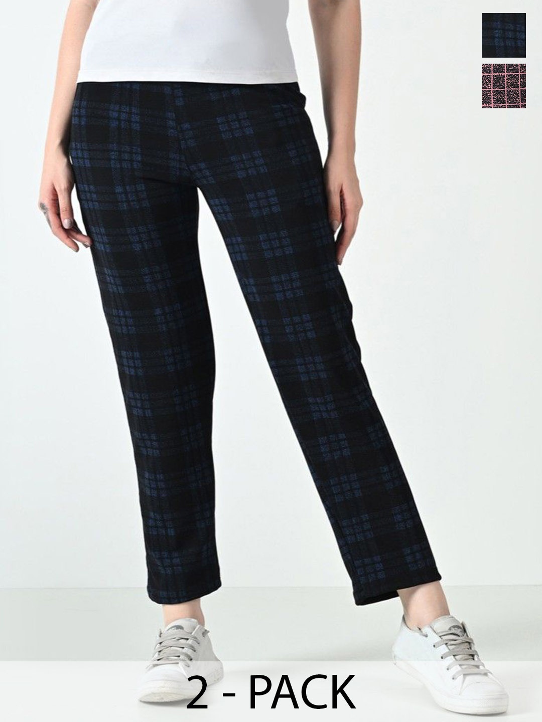 

BAESD Women Pack Of 2 Checked Regular Fit Track Pants, Navy blue