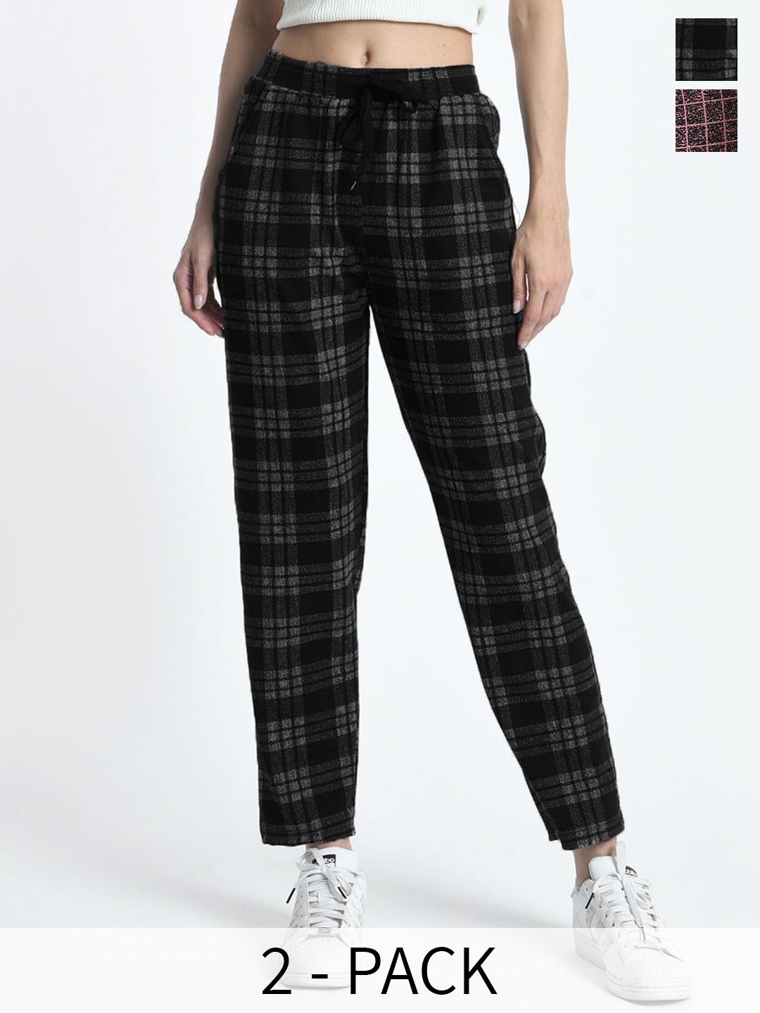 

BAESD Women Pack Of 2 Checked Regular Fit Track Pants, Black