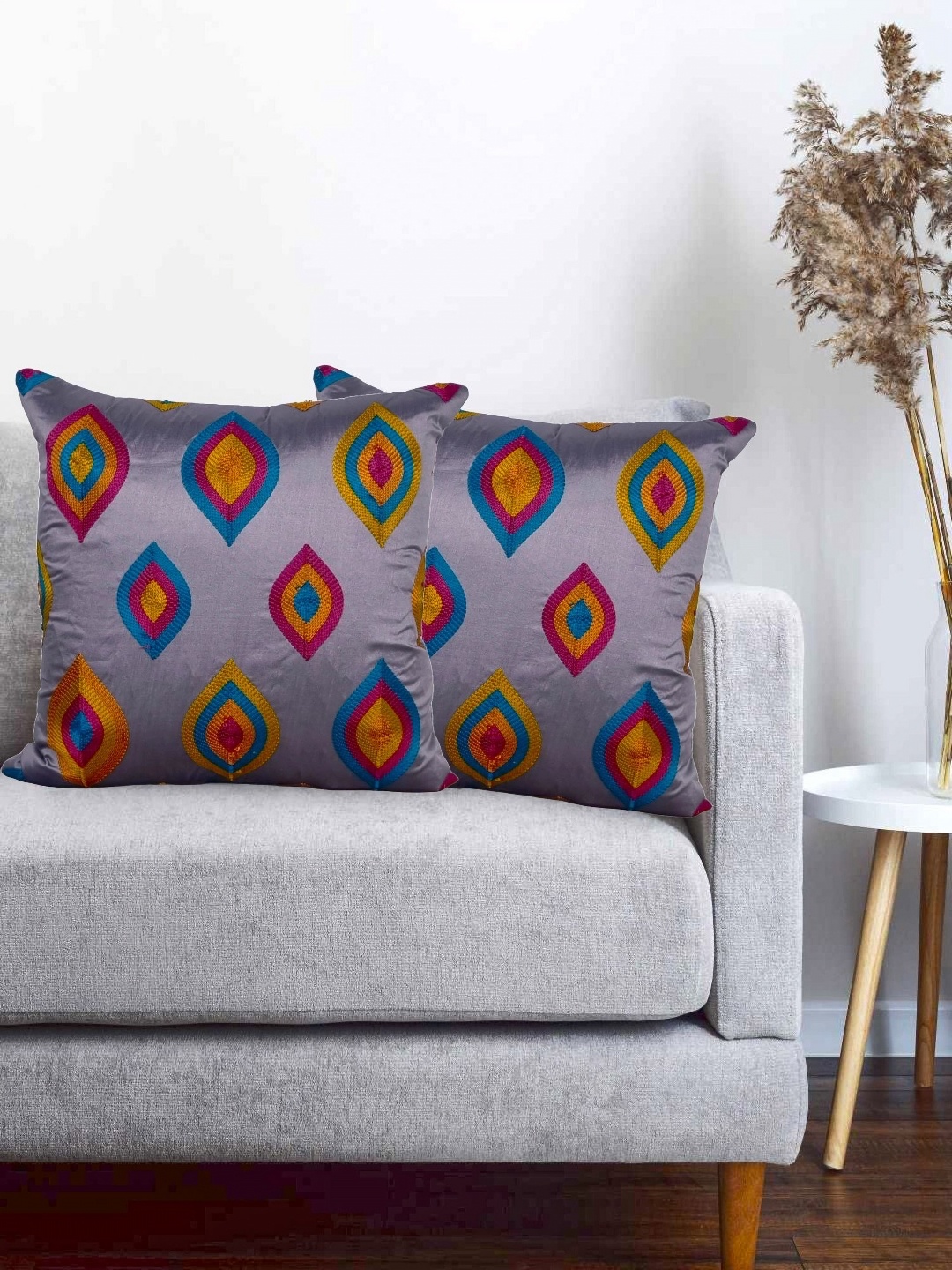 

Vinayaka Fab Grey & Blue 2 Pieces Geometric Embroidered Square Cushion Covers