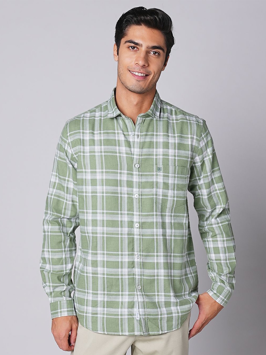 

Oxemberg Men Tartan Checks Spread Collar Casual Shirt, Green