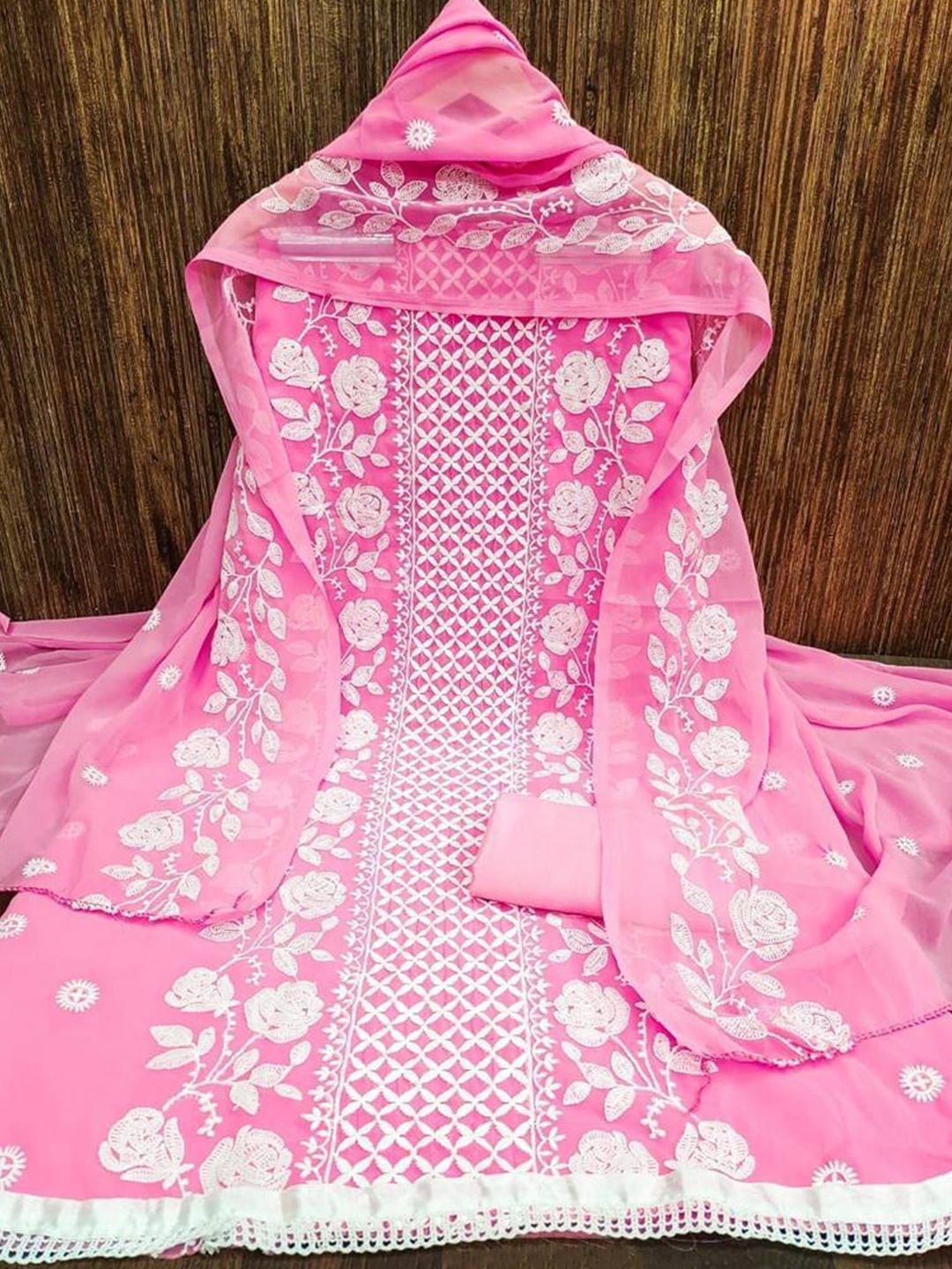 

Peachmode Floral Embroidered Silk Georgette Unstitched Dress Material, Pink
