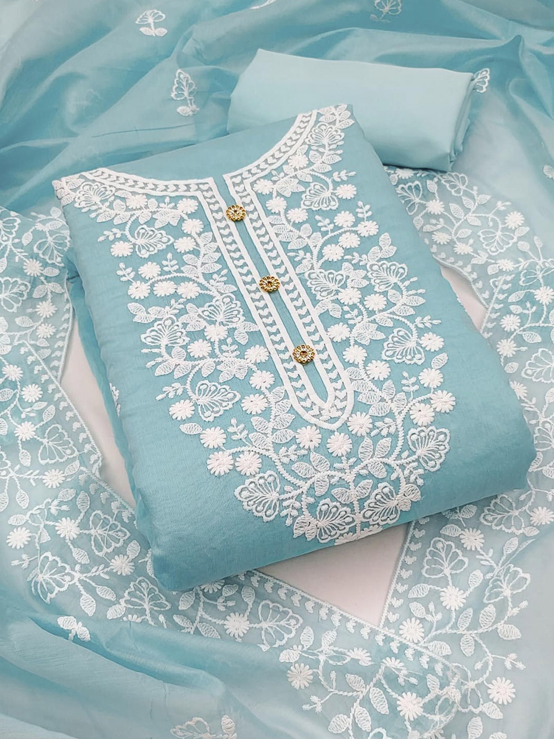 

Peachmode Embroidered Unstitched Dress Material, Blue