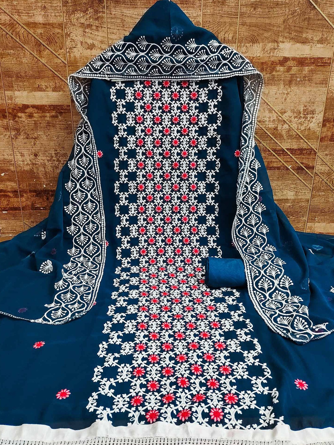 

Peachmode Embroidered Silk Georgette Unstitched Dress Material, Blue