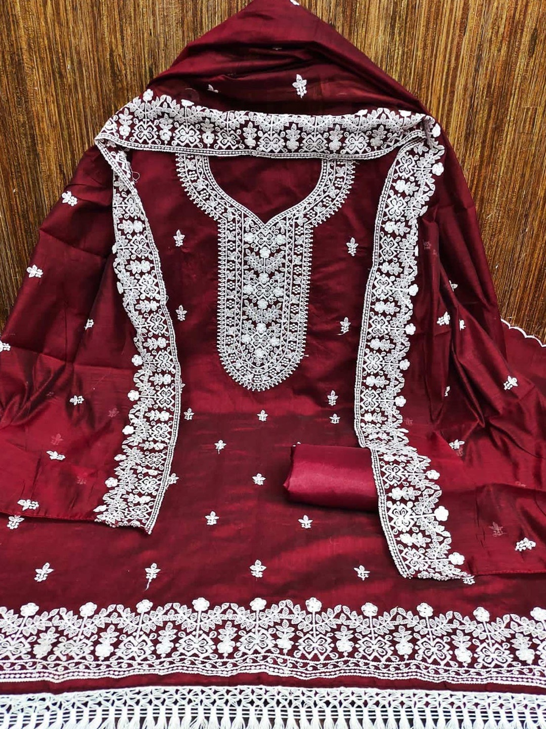 

Peachmode Embroidered Unstitched Dress Material, Maroon