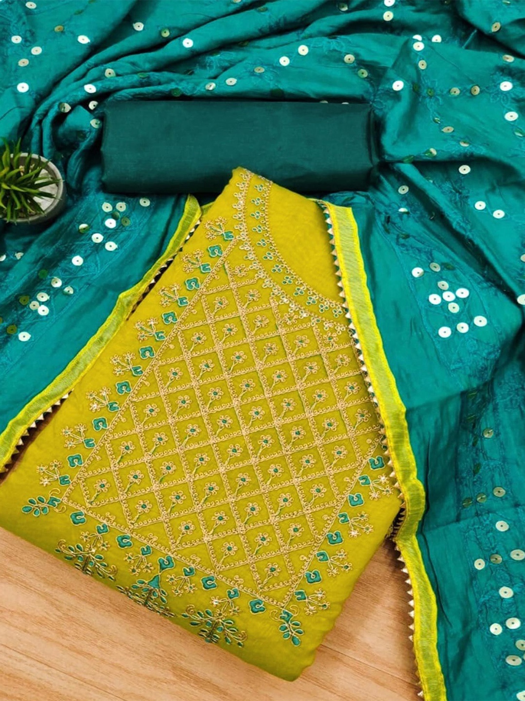 

Peachmode Embroidered Unstitched Dress Material, Green