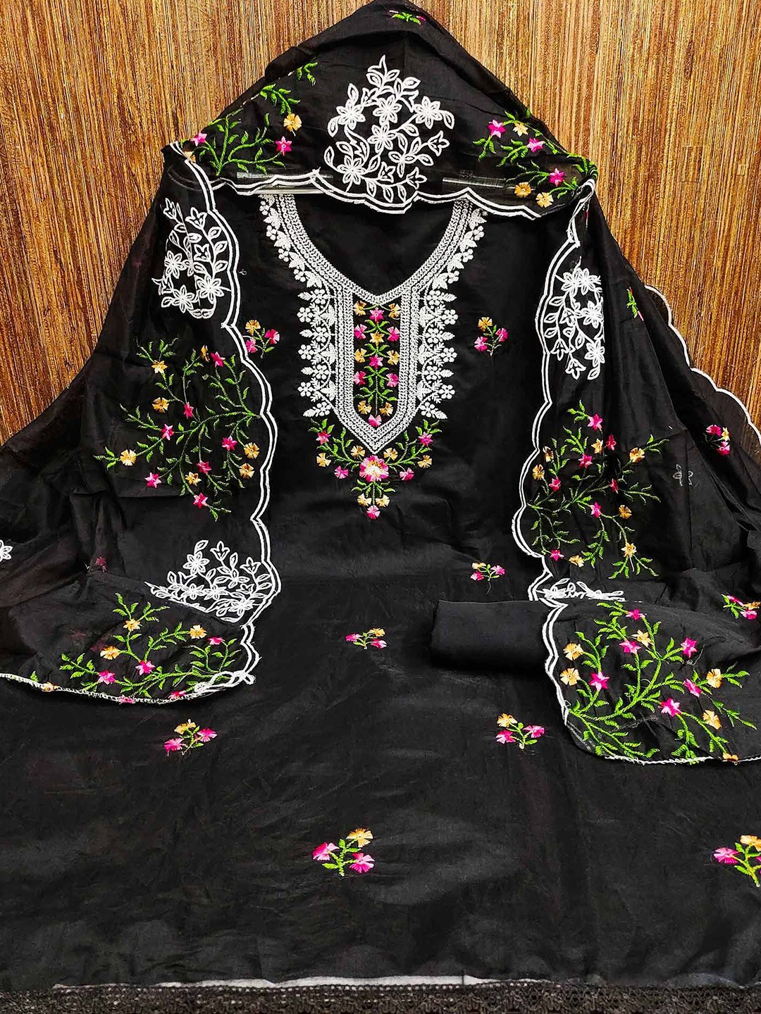 

Peachmode Embroidered Unstitched Dress Material, Black