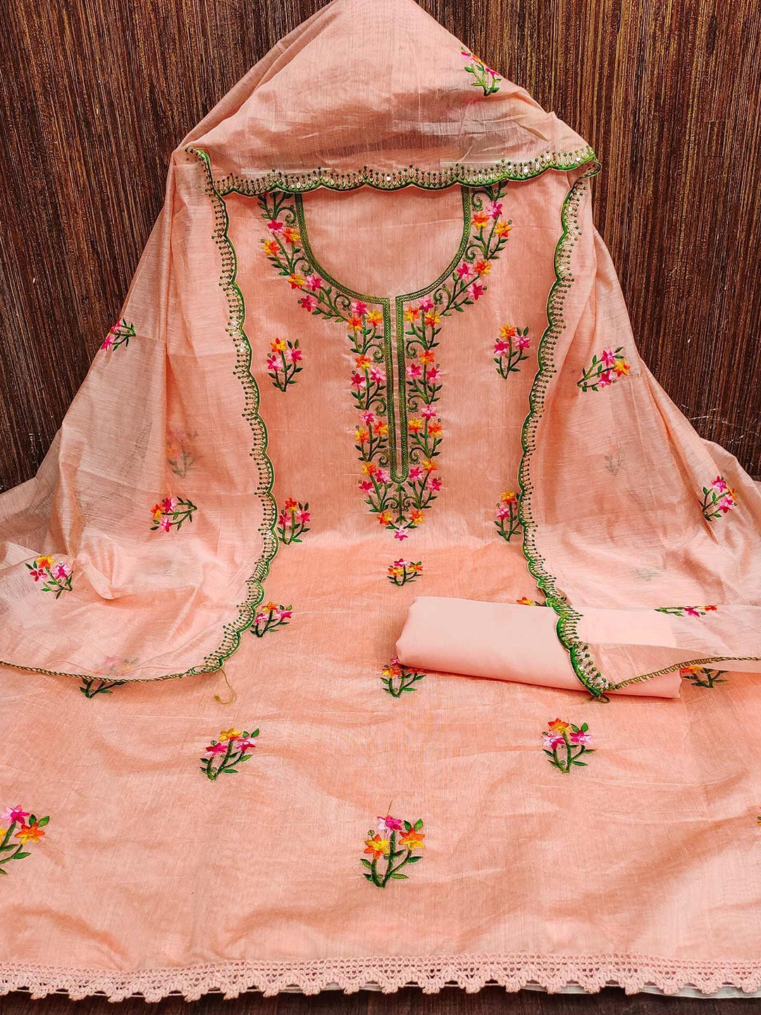 

Peachmode Embroidered Unstitched Dress Material, Peach