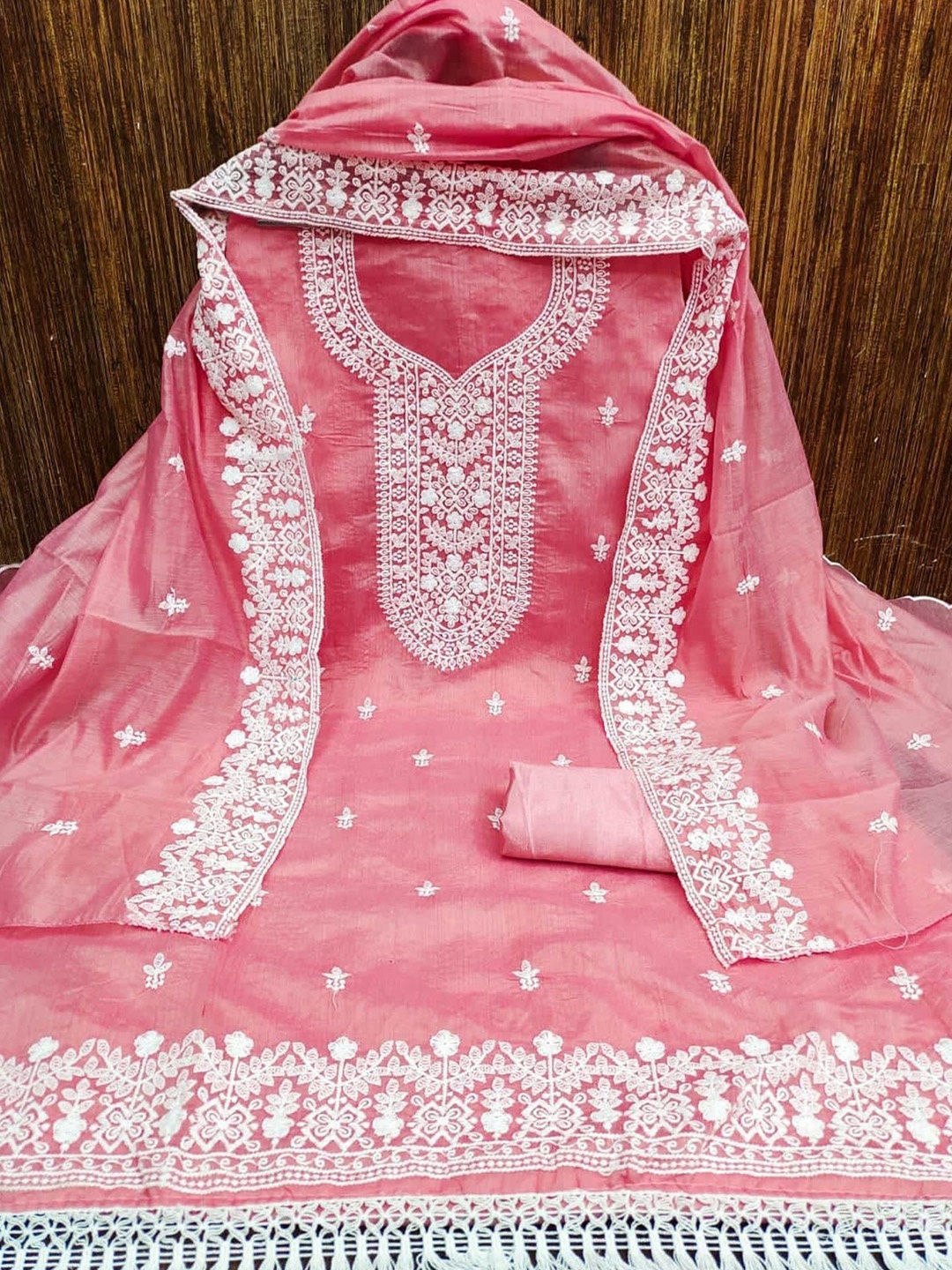 

Peachmode Floral Embroidered Unstitched Dress Material, Pink
