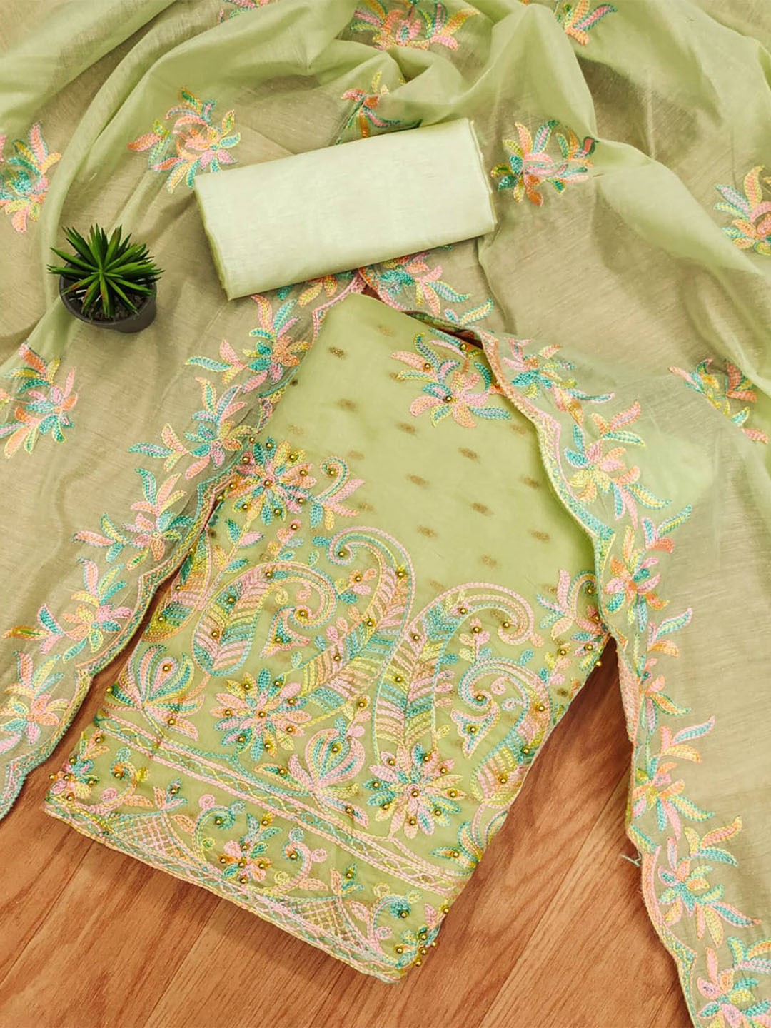 

Peachmode Floral Embroidered Beads and Stones Unstitched Dress Material, Green