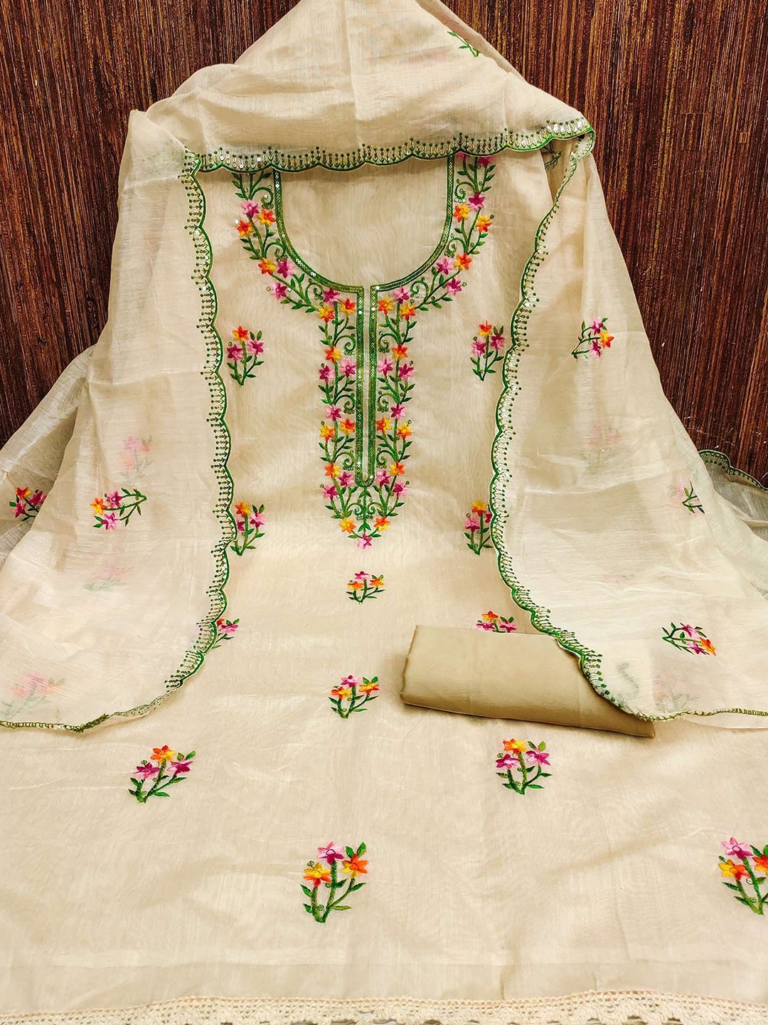 

Peachmode Embroidered Unstitched Dress Material, Beige