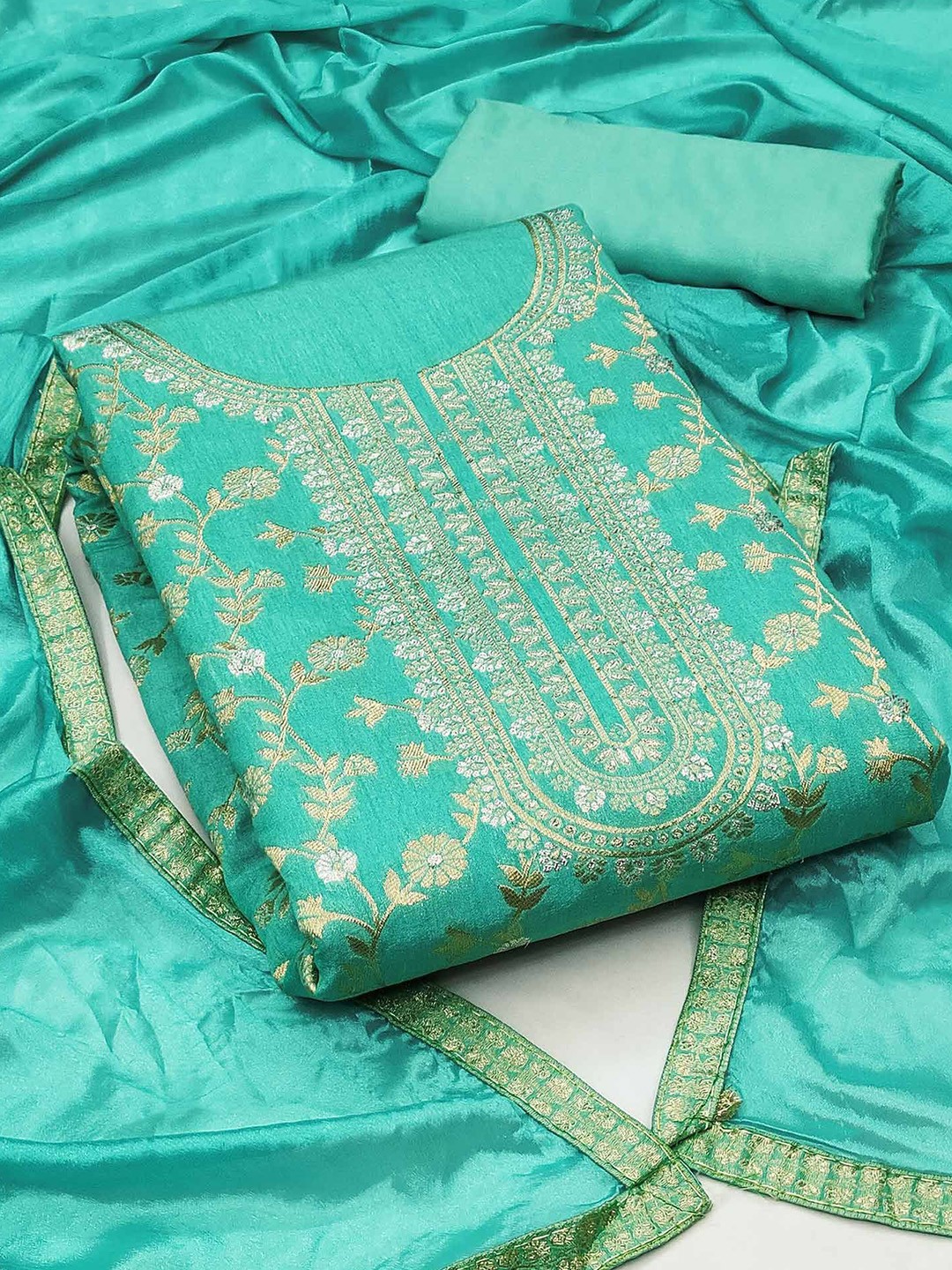 

Peachmode Floral Woven Design Zari Unstitched Dress Material, Turquoise blue