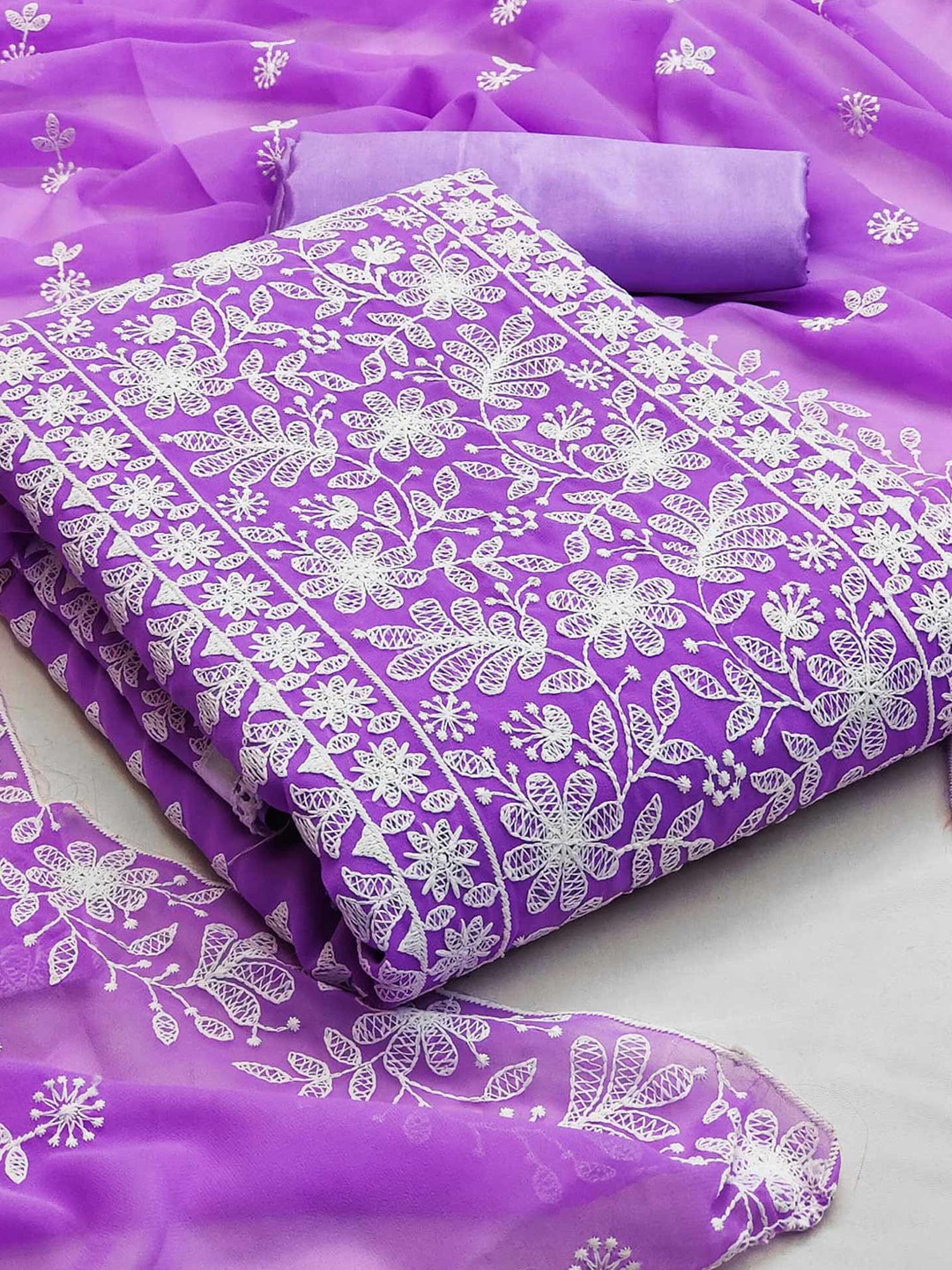 

Peachmode Floral Embroidered Silk Georgette Unstitched Dress Material, Purple