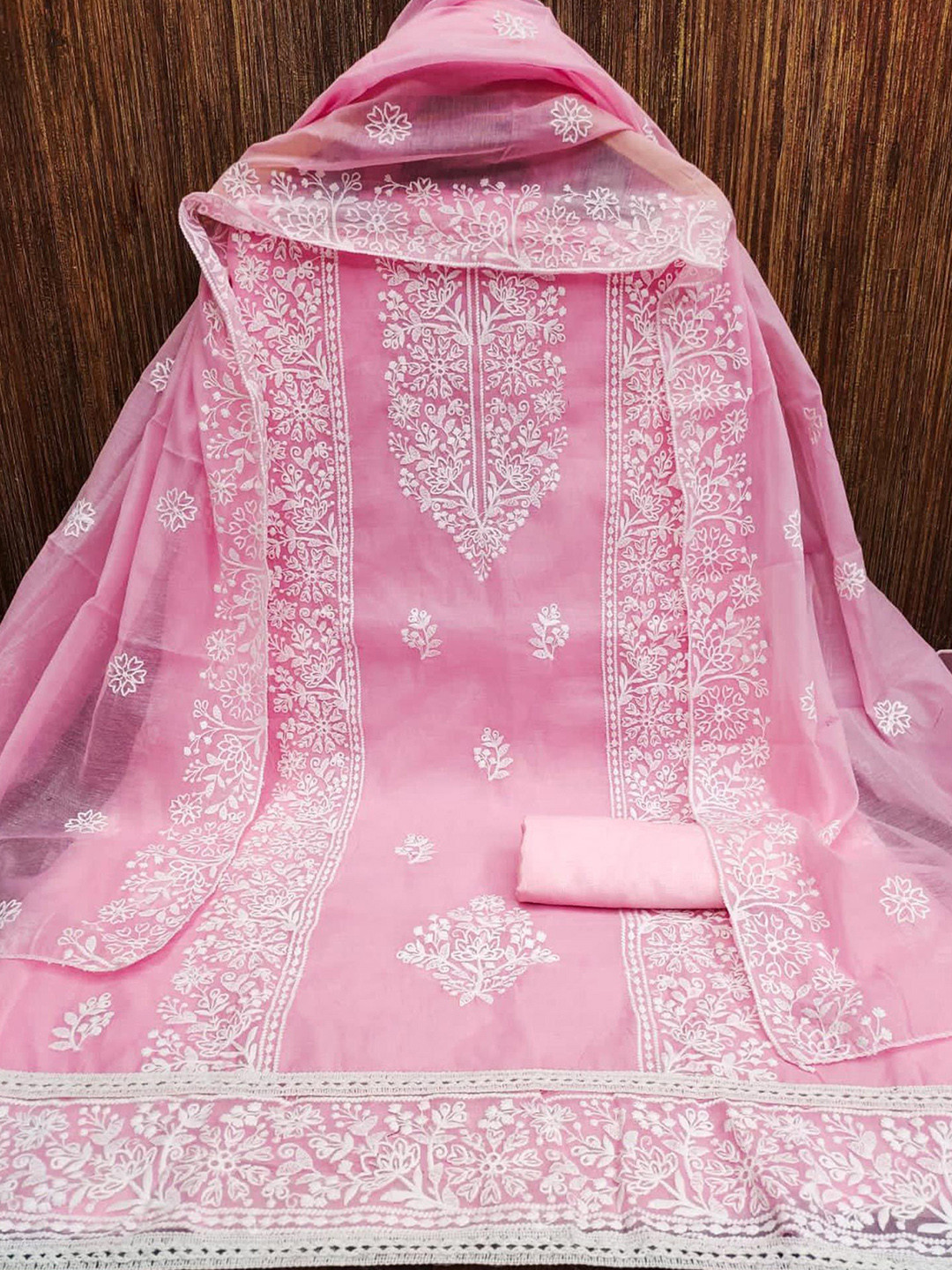 

Peachmode Floral Embroidered Unstitched Dress Material, Pink