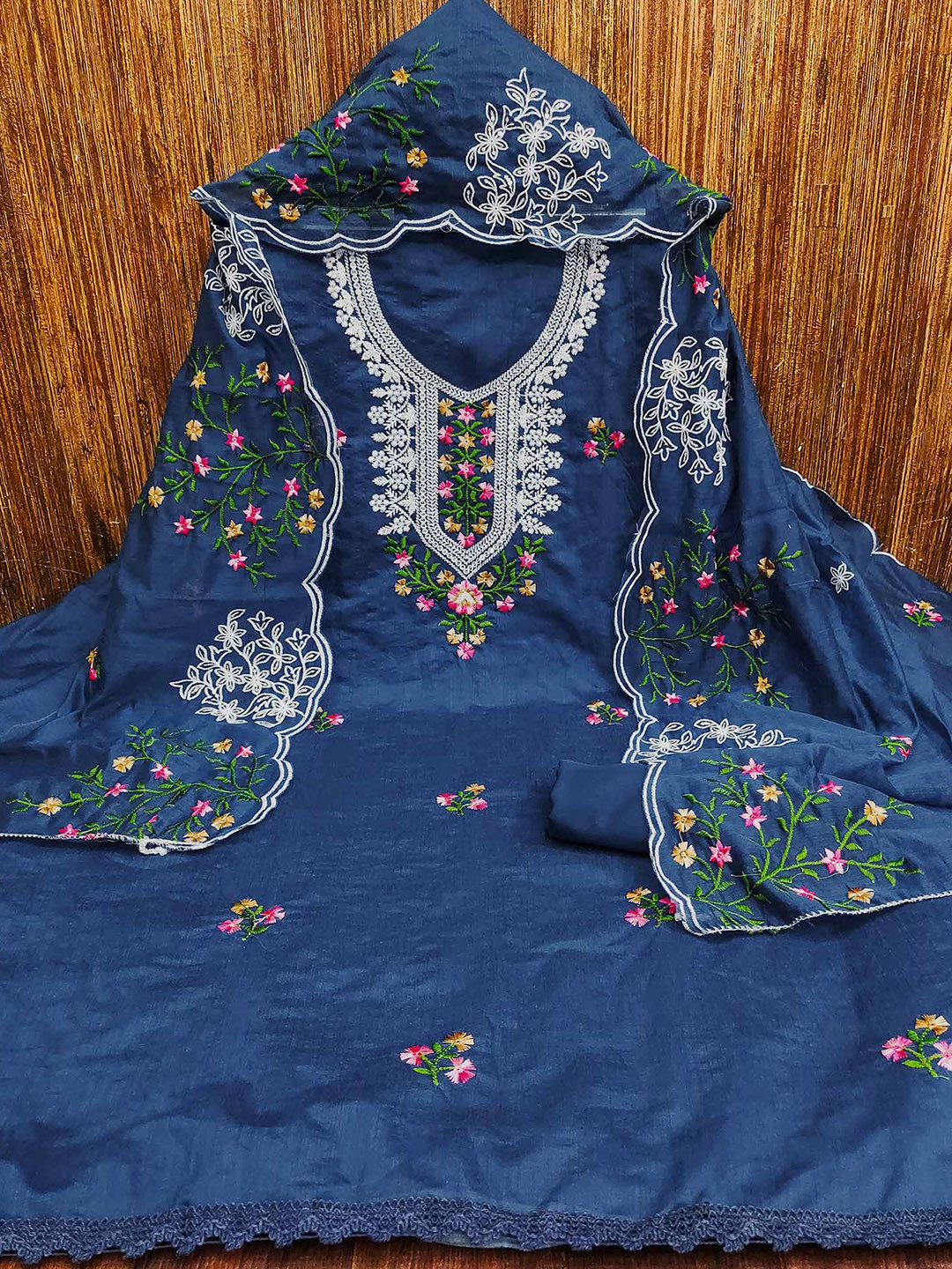 

Peachmode Floral Embroidered Chanderi Unstitched Dress Material, Blue