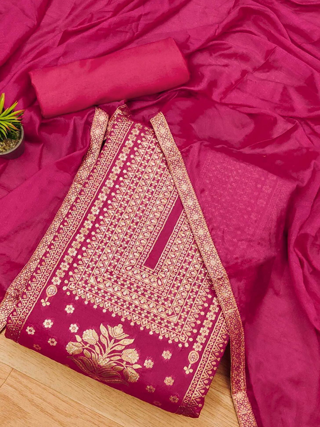 

Peachmode Floral Woven Design Zari Unstitched Dress Material, Pink