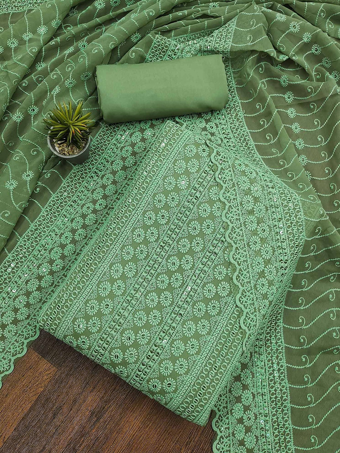 

Peachmode Embroidered Silk Georgette Unstitched Dress Material, Green