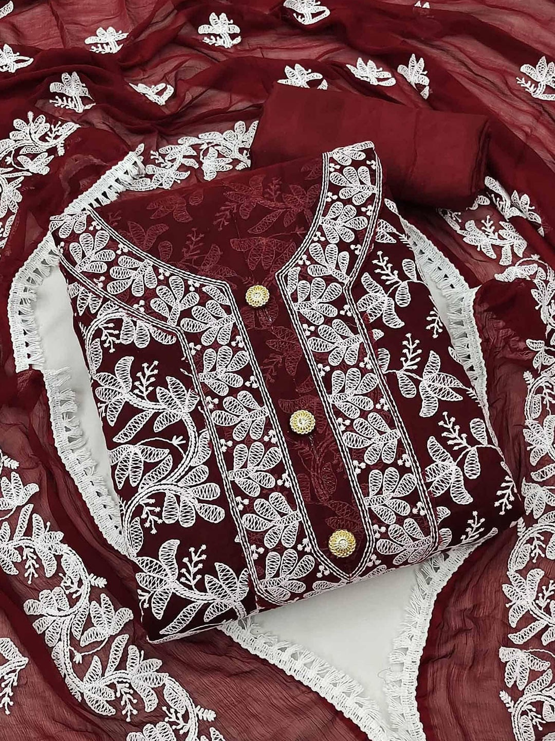 

Peachmode Floral Embroidered Thread Work Unstitched Dress Material, Maroon