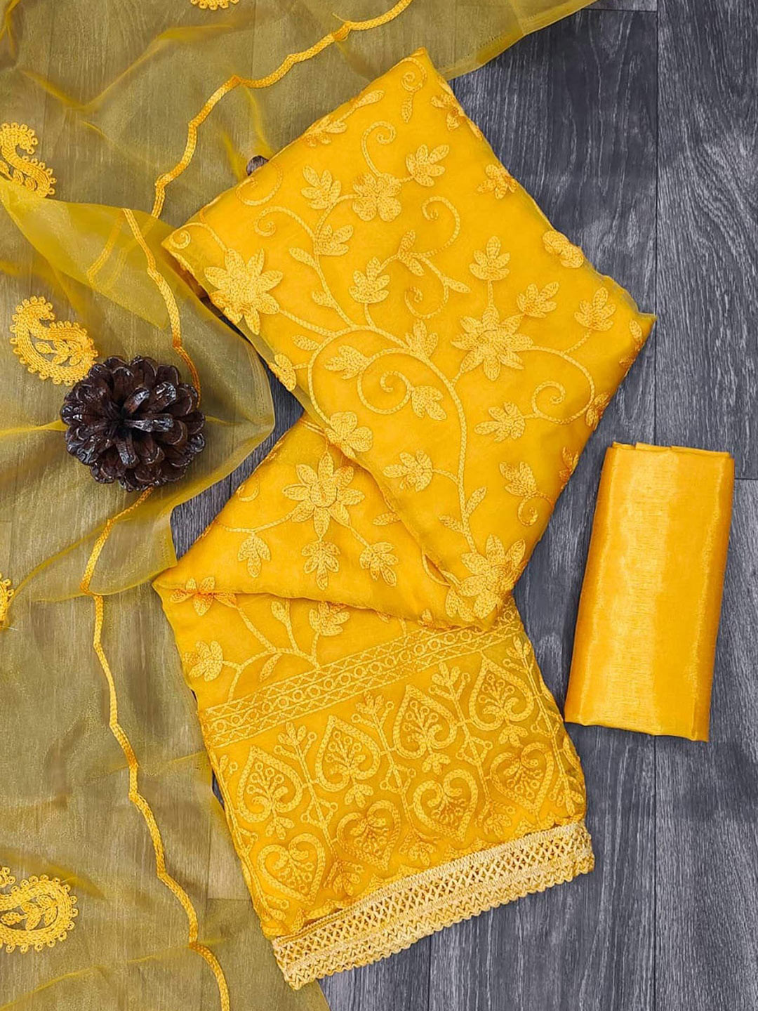 

Peachmode Embroidered Organza Unstitched Dress Material, Yellow